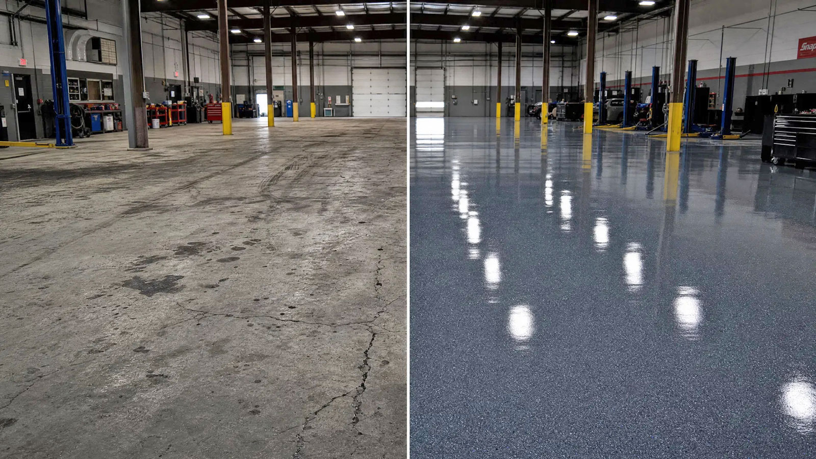 Commercial floor coating before and after — auto shop in Surprise AZ