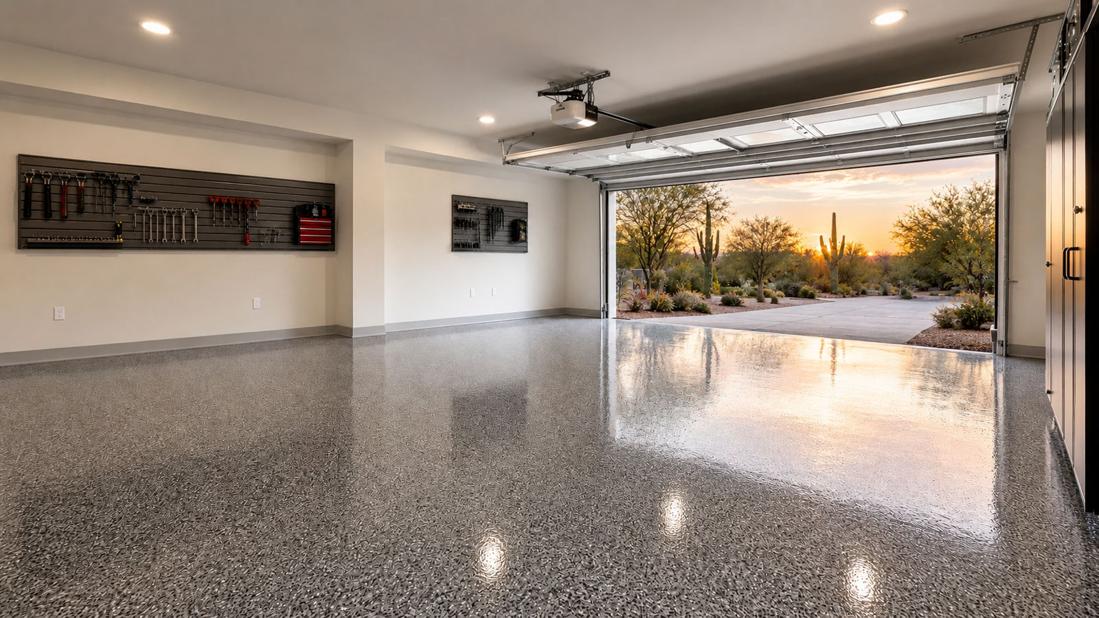 Premium residential garage with professionally coated decorative flake floor